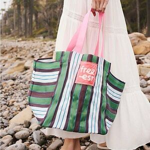 Free People free-est Green Striped Beach Tote Bag OS